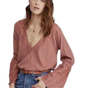 Free People Parisian Nights Blouse Top Rose V Neck Boho Size Medium